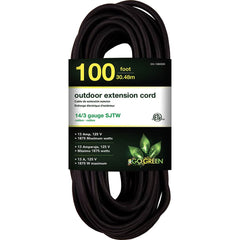 GoGreen Power - Power Cords; Cord Type: Extension Cord ; Overall Length (Feet): 100 ; Cord Color: Black ; Amperage: 13 ; Voltage: 125 ; Wire Gauge/Number of Conductors: 14/3 - Exact Tool & Supply