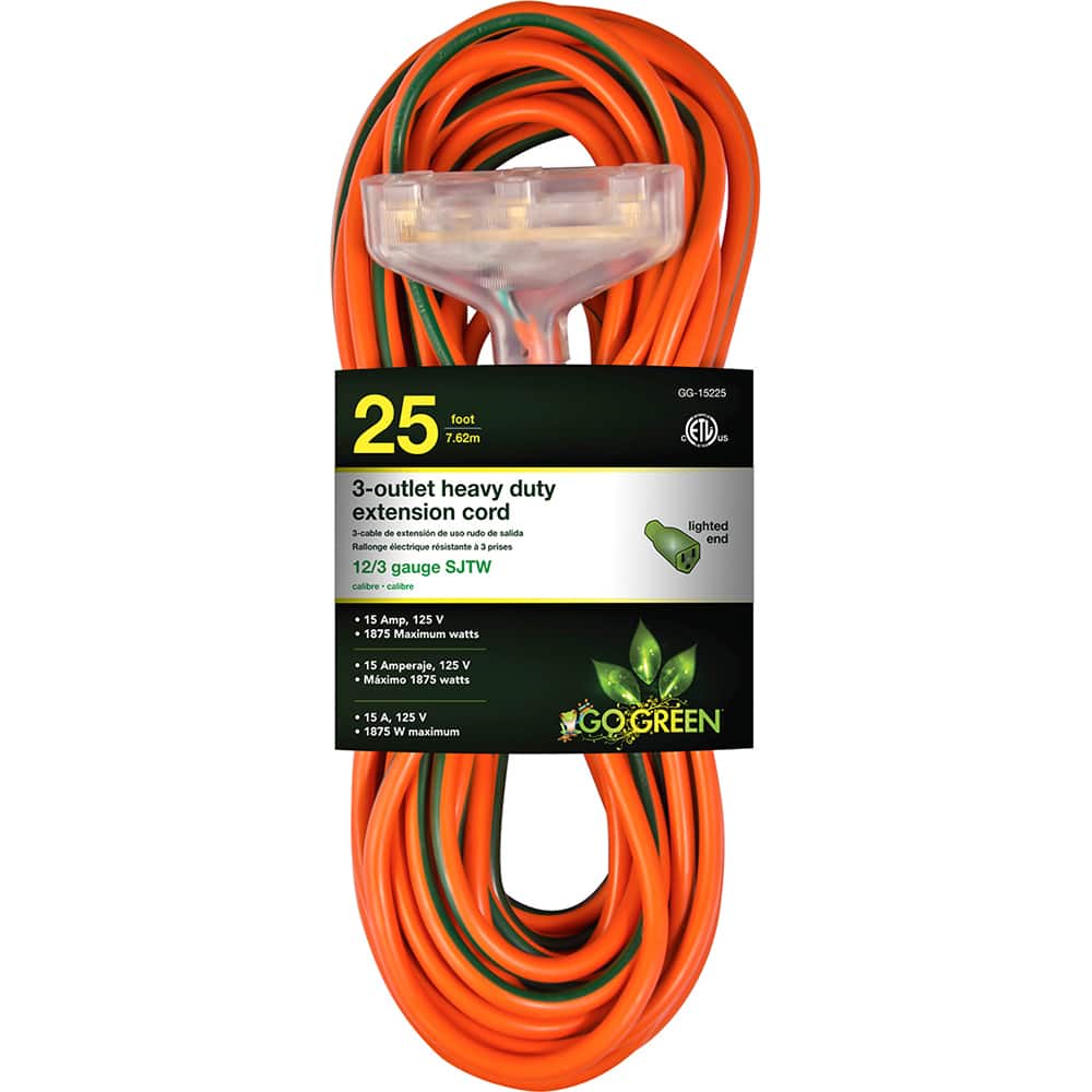 GoGreen Power - Power Cords; Cord Type: Extension Cord ; Overall Length (Feet): 25 ; Cord Color: Orange ; Amperage: 15 ; Voltage: 125 ; Wire Gauge/Number of Conductors: 12/3 - Exact Tool & Supply