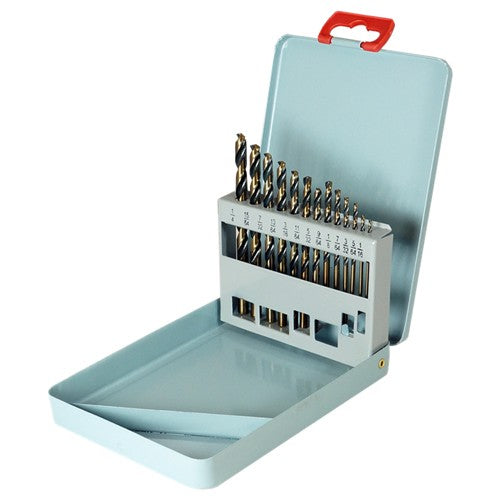 ‎1/16-1/4 RHS / RHC HSS 135 Degree Split Point Heavy Duty Jobber Length Drill Set - Black & Gold - Exact Tool & Supply