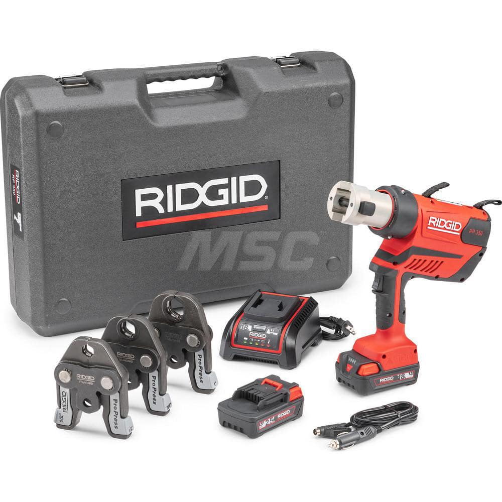 Ridgid - Benders, Crimpers & Pressers; Type: Presser ; Maximum Pipe Capacity (Inch): 4 ; Minimum Pipe Capacity: 1/2 (Inch); Overall Length (Inch): 11 ; Includes: RP 350 Press Tool; (2) 18V 2.5Ah Lion Batteries; 18V Charger; Carrying Case; 1/2" to 1" ProP - Exact Tool & Supply