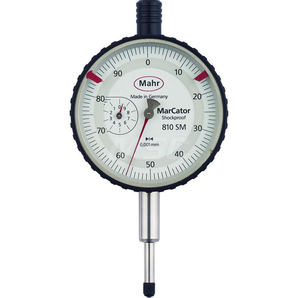 Mahr - Dial Drop Indicators; Maximum Measurement (Inch): 0.2 ; Maximum Measurement (mm): 5.00 ; Dial Graduation (mm): 0.0010 ; Dial Graduation (Decimal Inch): 3.900000 ; Dial Reading: 0-100-0 ; Dial Diameter (mm): 50.00 - Exact Tool & Supply