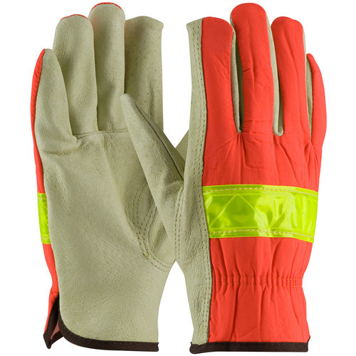 ‎125-368/S Leather Drivers Gloves - Hi-Vis Fabric - Top Grain Pigskin Leather Driver - Keystone Thumb - Exact Tool & Supply