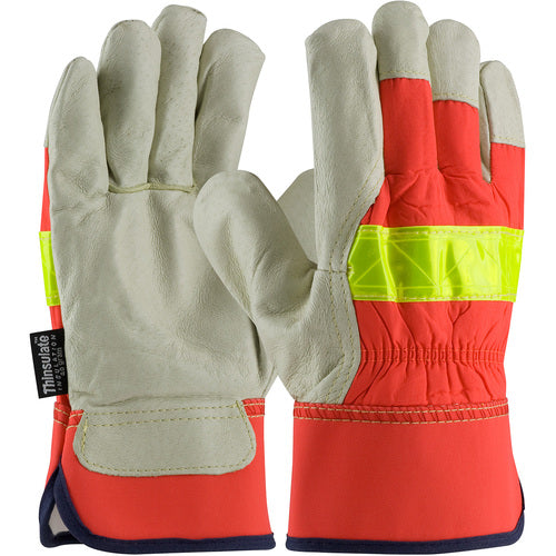 ‎125-458/L Leather Palm Gloves - Hi-Vis Fabric - Rubberized SC - 3M Thinsulate Lining - Grain Pigskin - Exact Tool & Supply