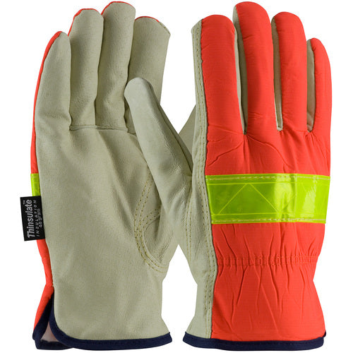 ‎125-468/XL Leather Drivers Gloves - Hi-Vis Fabric - 3M Thinsulate Lining w/Pigskin Palm - Keystone Thumb - Exact Tool & Supply