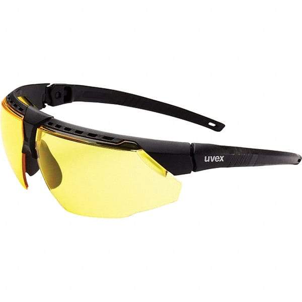 Uvex - Amber Lenses, Framed Safety Glasses - Anti-Fog, Black Frame, Adjustable Temples, Size Universal, Wrap Around - Exact Tool & Supply