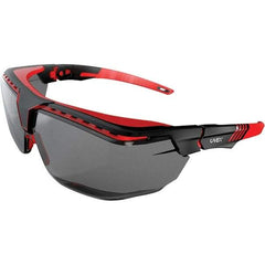 Uvex - Gray Lenses, Framed Safety Glasses - Scratch Resistant, Black/Red Frame, Adjustable Temples, Size Universal, Over the Glasses - Exact Tool & Supply