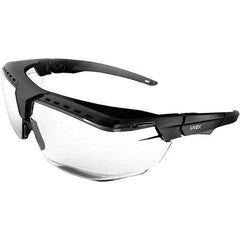 Uvex - Clear Lenses, Framed Safety Glasses - Scratch Resistant, Black Frame, Adjustable Temples, Size Universal, Over the Glasses - Exact Tool & Supply