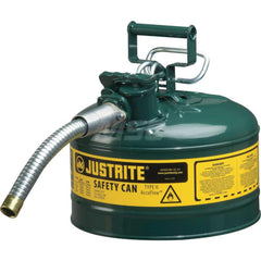 Justrite - Safety Dispensing Cans; Capacity: 2.5 Gal ; Material: Steel ; Color: Green ; Height (Decimal Inch): 12.000000 ; Diameter/Length (mm): 11.75 ; Approval Listing/Regulations: FM Approved; UL; ULC; TUV - Exact Tool & Supply