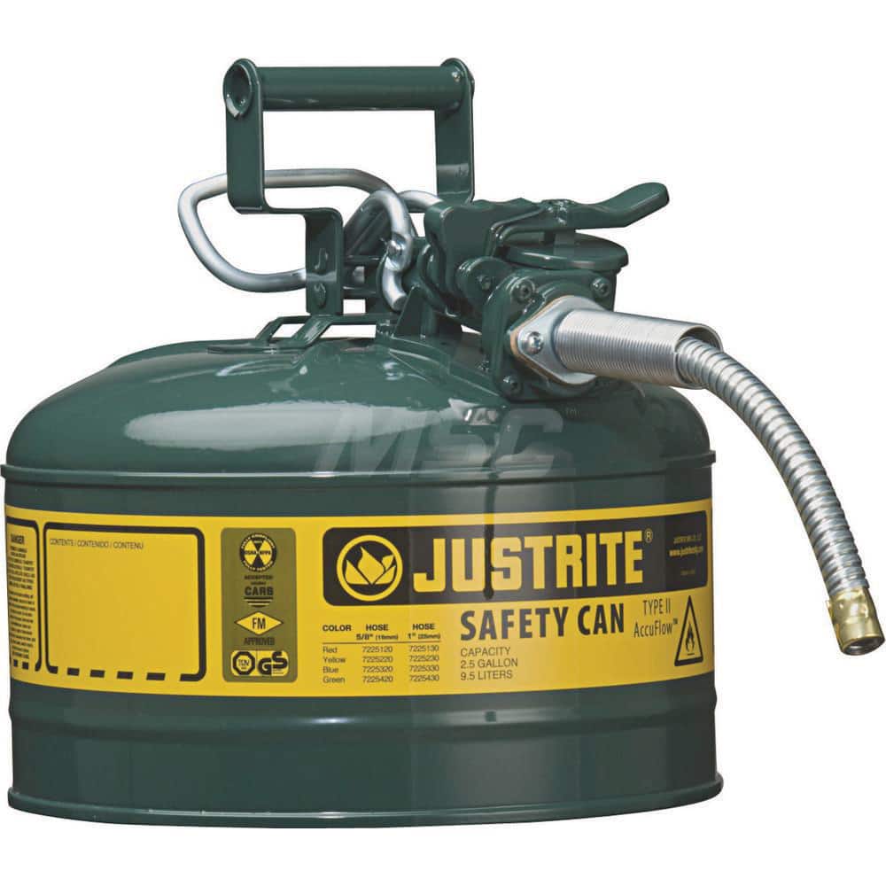Justrite - Safety Dispensing Cans; Capacity: 2.5 Gal ; Material: Steel ; Color: Green ; Height (Decimal Inch): 12.000000 ; Diameter/Length (mm): 11.75 ; Approval Listing/Regulations: FM Approved; UL; ULC; TUV - Exact Tool & Supply