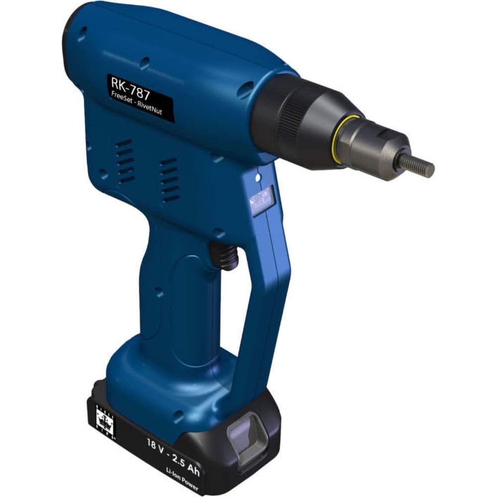 RivetKing - Cordless Riveters; Fastener Type: Cordless Electric Riveter ; Closed End Rivet Capacity: All up to 1/4 ; Mandrel Collection: Yes ; Voltage: 18 ; Stroke Length (Decimal Inch): 1.0000 ; Pull Force (Lb.): 4100 - Exact Tool & Supply
