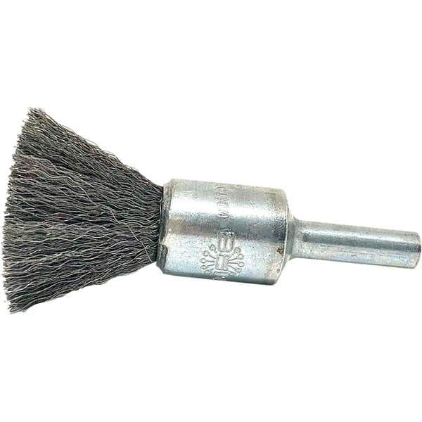 Brush Research Mfg. - 1/2" Brush Diam, Crimped, End Brush - 1/4" Diam Steel Shank, 20,000 Max RPM - Exact Tool & Supply
