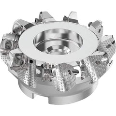 Seco - 100mm Cut Diam, 32mm Arbor Hole, 8mm Max Depth of Cut, 71° Indexable Chamfer & Angle Face Mill - 10 Inserts, SN.. Insert, Right Hand Cut, 10 Flutes, Through Coolant, Series R220.56 - Exact Tool & Supply
