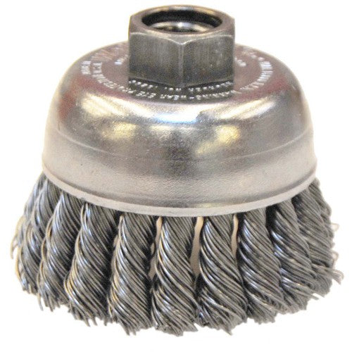 2-3/4″ Single Row Knot Wire Cup Brush, .020″ Steel Fill, 5/8″-11 UNC Nut - Exact Tool & Supply