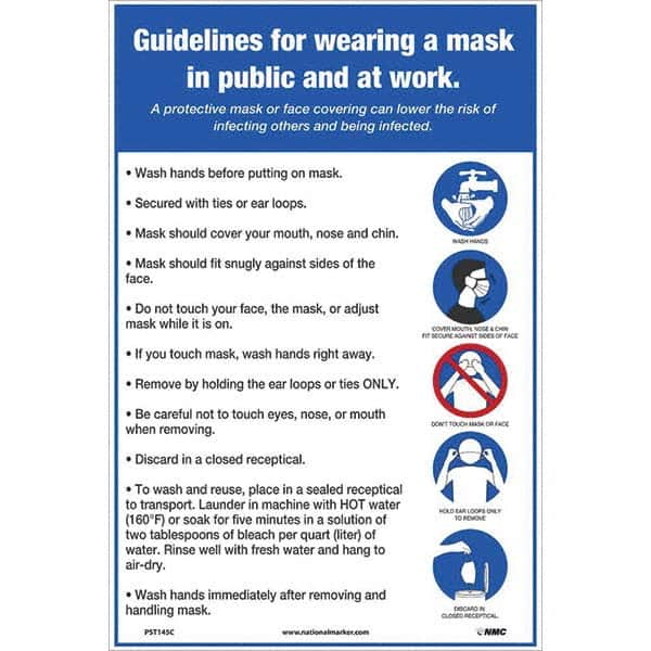 NMC - "COVID 19 - Guidelines for Wearing a Mask in Public and at Work", 12" Wide x 18" High, Vinyl Safety Sign - Exact Tool & Supply