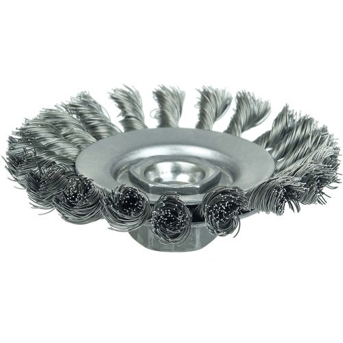4″ Knot Wire Bevel Brush, .014″ Steel Fill, M10x1.50 Nut - Exact Tool & Supply