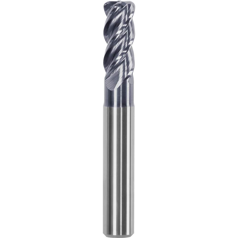 Corner Radius End Mill: 0.315″ Dia, 0.748″ LOC, 0.01″ Radius, 4 Flutes, Solid Carbide 2.52″ OAL, 0.315″ Shank Dia, Helix, AlTiN Coated, Centercutting