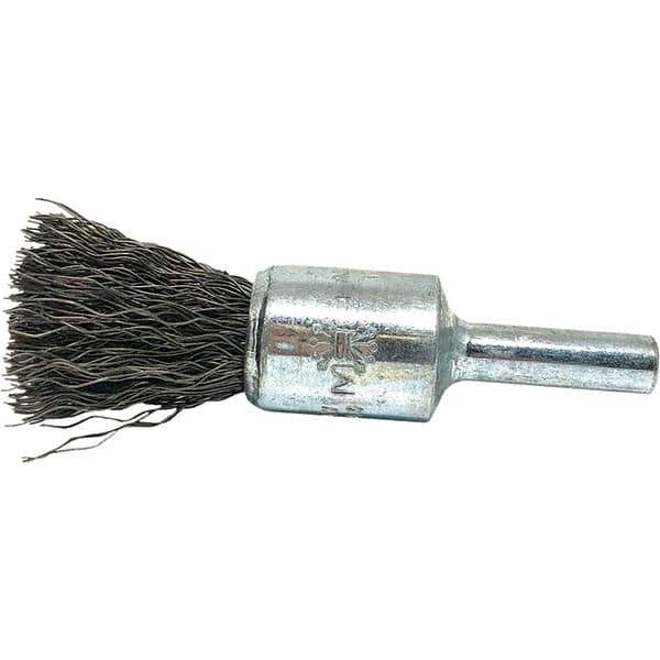 Brush Research Mfg. - 1/2" Brush Diam, Crimped, End Brush - 1/4" Diam Steel Shank, 20,000 Max RPM - Exact Tool & Supply