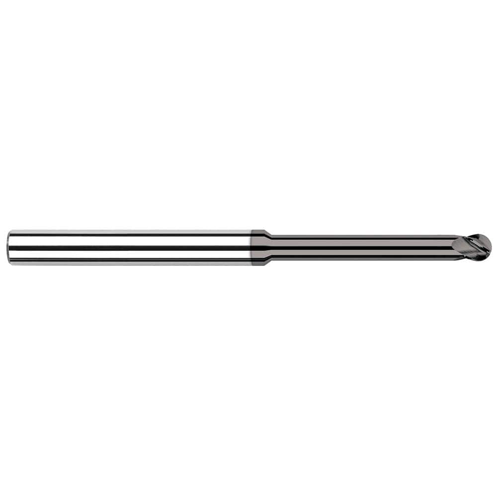 Ball End Mill: 0.03″ Dia, 0.045″ LOC, 4 Flute, Solid Carbide 2-1/2″ OAL, 1/8″ Shank Dia, 30 ° Helix, CVD Coated, Single End