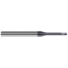 Ball End Mill: 0.062″ Dia, 0.05″ LOC, 2 Flute, Solid Carbide 2-1/2″ OAL, 1/4″ Shank Dia, 20 ° Helix, AlTiN Coated, Single End