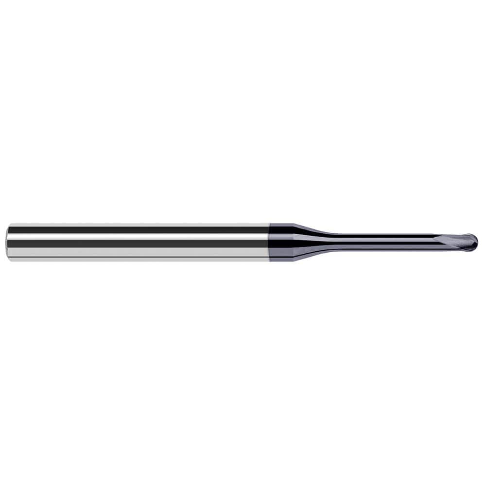 Ball End Mill: 0.047″ Dia, 0.038″ LOC, 2 Flute, Solid Carbide 2-1/2″ OAL, 1/4″ Shank Dia, 20 ° Helix, AlTiN Coated, Single End