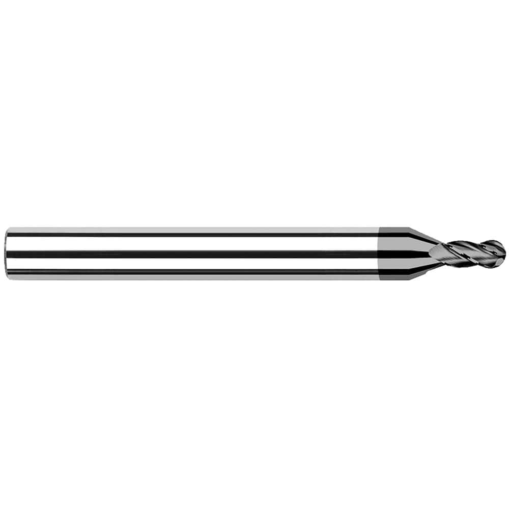 Ball End Mill: 0.015″ Dia, 0.023″ LOC, 4 Flute, Solid Carbide 1-1/2″ OAL, 1/8″ Shank Dia, 30 ° Helix, CVD Coated, Single End