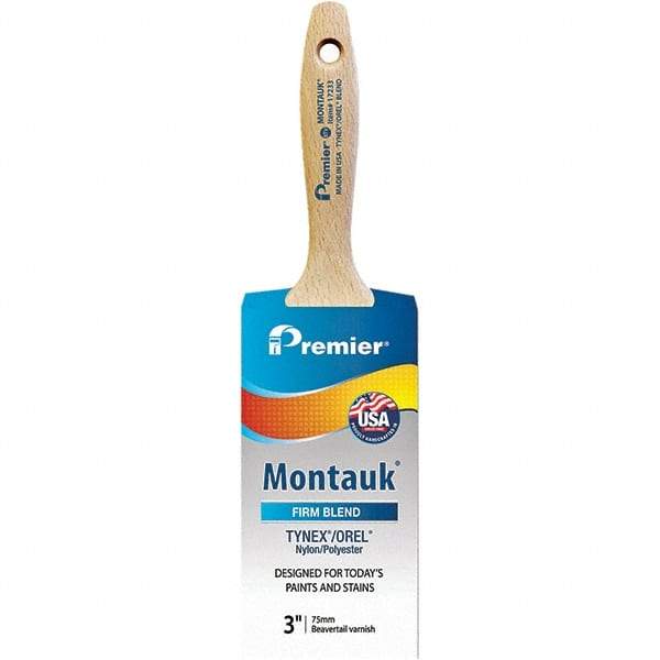 Premier Paint Roller - 3" Tapered Nylon/Polyester Varnish Brush - 3-3/16" Bristle Length, 5-1/2" Wood Beavertail Handle - Exact Tool & Supply