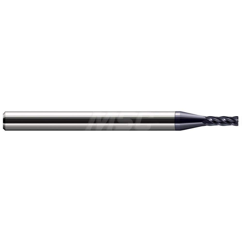 Corner Radius End Mill: 3/64″ Dia, 3/16″ LOC, 0.01″ Radius, 4 Flutes, Solid Carbide 2-1/2″ OAL, 1/8″ Shank Dia, 30 ° Helix, AlTiN Coated, Corner Radius End, Centercutting