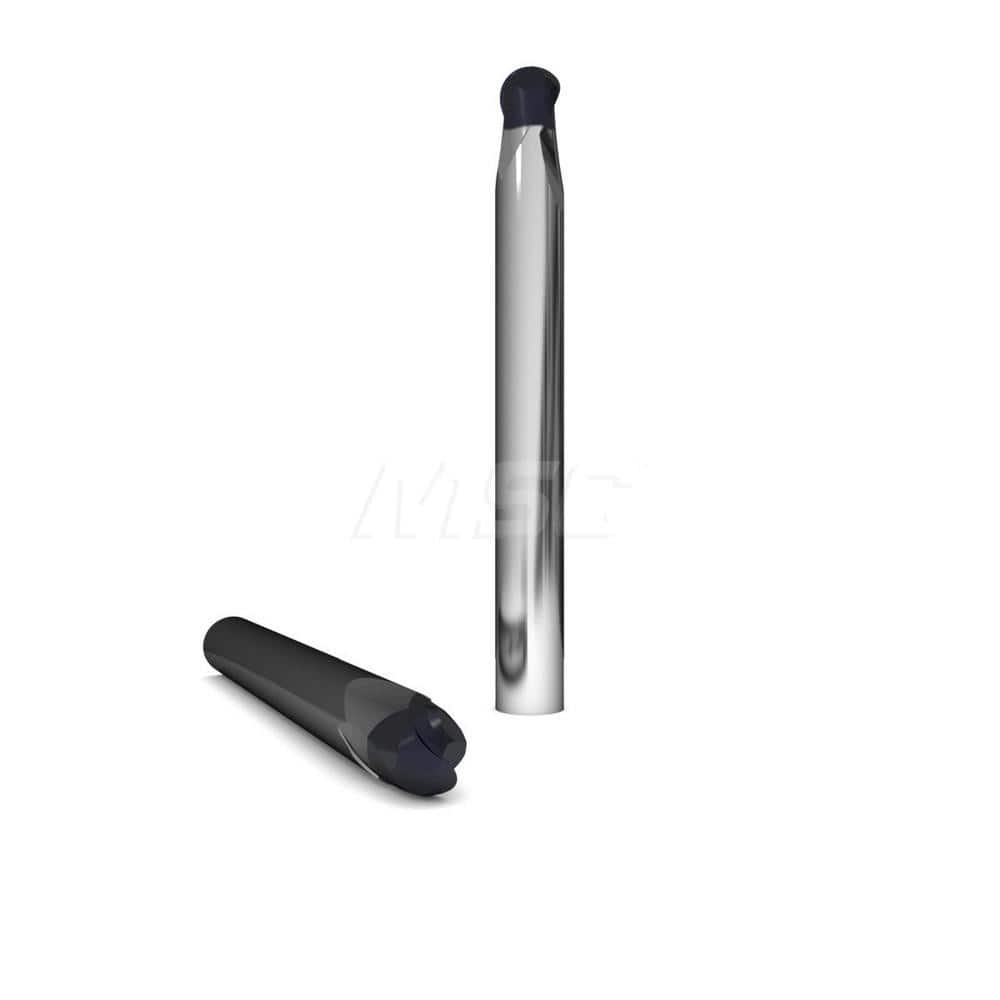 Ball End Mill: 0.25″ Dia, 2 Flute, Solid Carbide 3″ OAL, 1/4″ Shank Dia, 30 ° Helix, nACo Coated, Single End, Series 1050 & DM2
