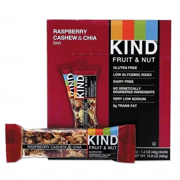 KIND - Snacks, Cookies, Candy & Gum Breakroom Accessory Type: Granola Bars Breakroom Accessory Description: Fruit and Nut Bars, Raspberry Cashew & Chia, 1.4 oz Bar, 12/Box - Exact Tool & Supply