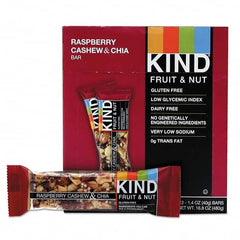 KIND - Snacks, Cookies, Candy & Gum Breakroom Accessory Type: Granola Bars Breakroom Accessory Description: Fruit and Nut Bars, Raspberry Cashew & Chia, 1.4 oz Bar, 12/Box - Exact Tool & Supply