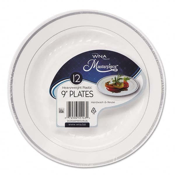 WNA - Masterpiece Plastic Plates, 9 in, White w/Silver Accents, Round, 120/Carton - Exact Tool & Supply