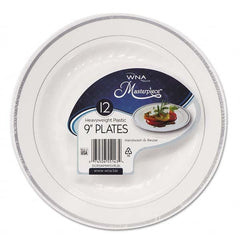 WNA - Masterpiece Plastic Plates, 9 in, White w/Silver Accents, Round, 120/Carton - Exact Tool & Supply