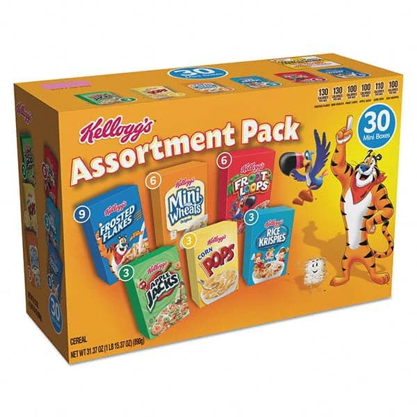 Kellogg's - Snacks, Cookies, Candy & Gum Breakroom Accessory Type: Cereal Breakroom Accessory Description: Breakfast Cereal Mini Boxes, Assorted, 2.39 oz Box, 30/Carton - Exact Tool & Supply