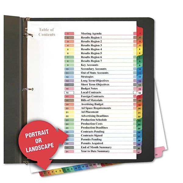 UNIVERSAL - Tabs, Indexes & Dividers Indexes & Divider Type: Preprinted Numeric Size: 11 x 8-1/2 - Exact Tool & Supply