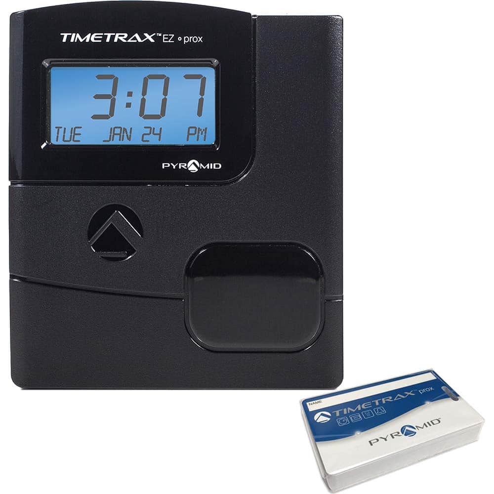Pyramid - Time Clocks & Time Recorders; Punch Style: Automatic; Electronic; Proximity ; Power Source: 110/220; 120VAC Plug-in ; Display Type: LCD Display ; Registration Output: 0-23 Hours, Date, Minutes, Month ; Material: Plastic ; Color: Black - Exact Tool & Supply