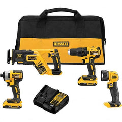 DeWALT - Cordless Tool Combination Kits Voltage: 20 Tools: Brushless 1/2" Cordless Drill/Driver; Brushless 1/4" Cordless Impact Driver; Brushless Cordless Compact Reciprocating Saw; Cordless LED Work Light - Exact Tool & Supply
