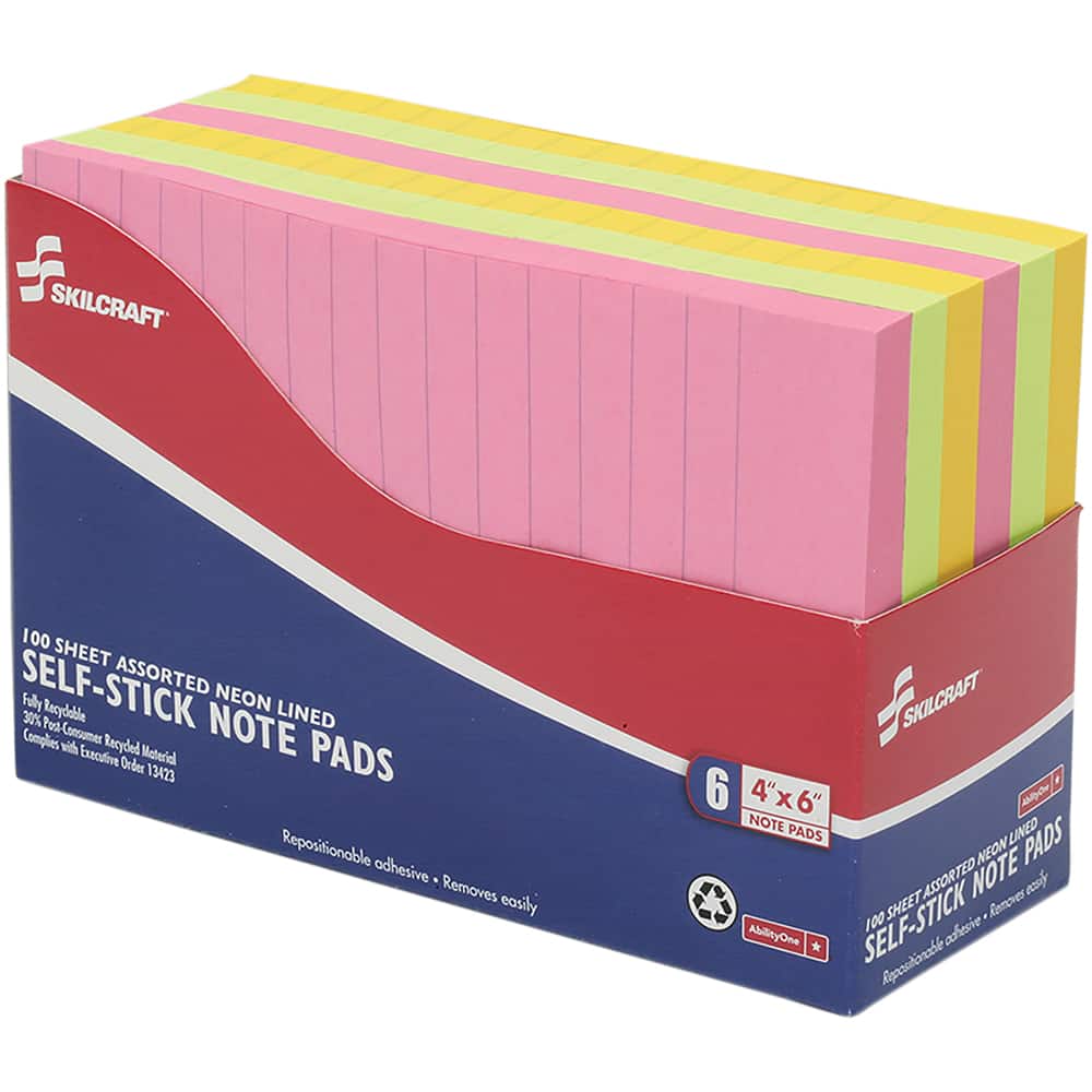 Ability One - Note Pads, Writing Pads & Notebooks; Writing Pads & Notebook Type: Self-Stick Notes ; Size: 4 x 6 ; Number of Sheets: 100 ; Color: Lime; Melon; Lemon; Pink - Exact Tool & Supply