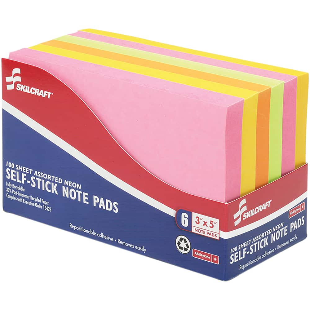 Ability One - Note Pads, Writing Pads & Notebooks; Writing Pads & Notebook Type: Self-Stick Notes ; Size: 3 x 5 ; Number of Sheets: 100 ; Color: Lime; Melon; Lemon; Pink - Exact Tool & Supply