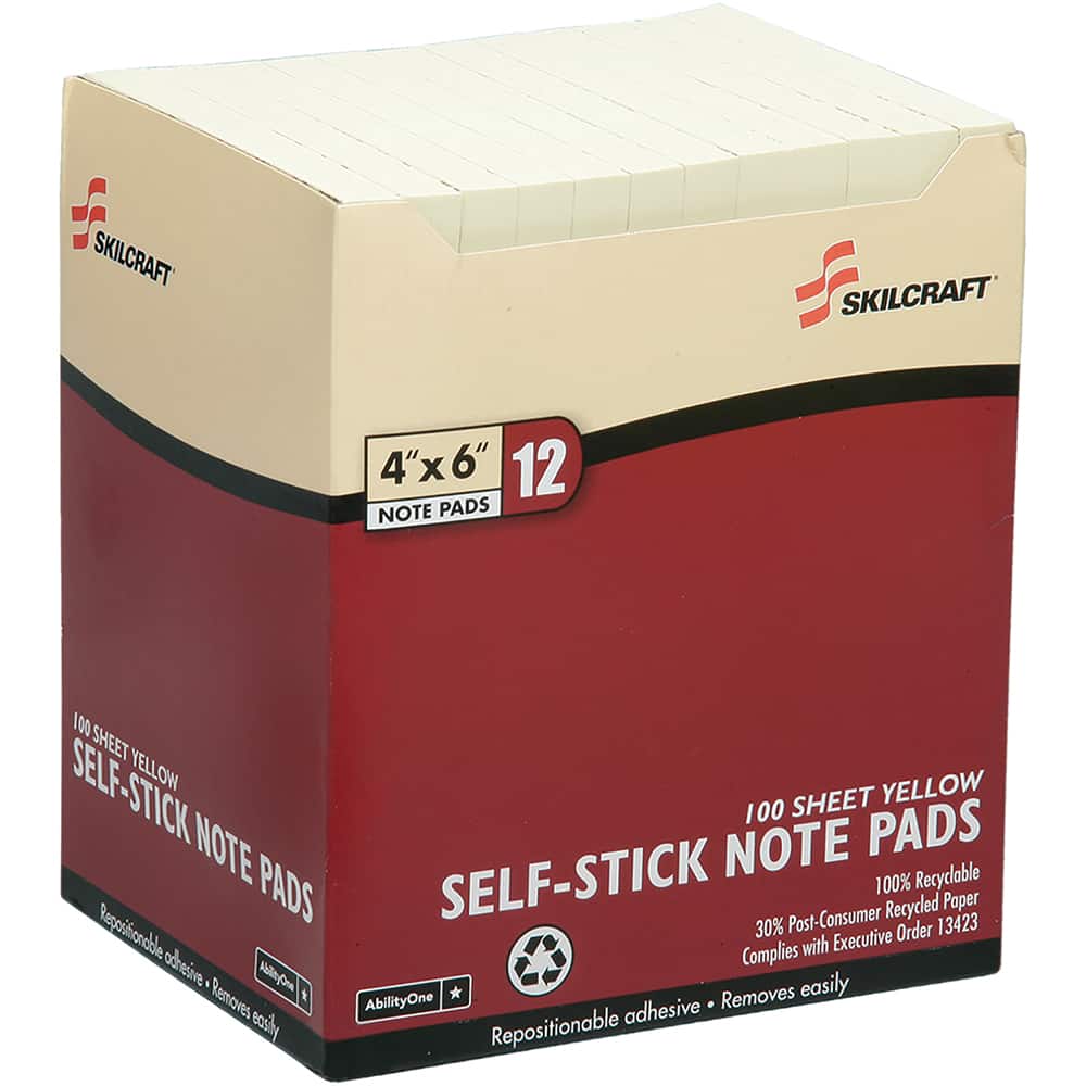 Ability One - Note Pads, Writing Pads & Notebooks; Writing Pads & Notebook Type: Self-Stick Notes ; Size: 4 x 6 ; Number of Sheets: 100 ; Color: Yellow - Exact Tool & Supply