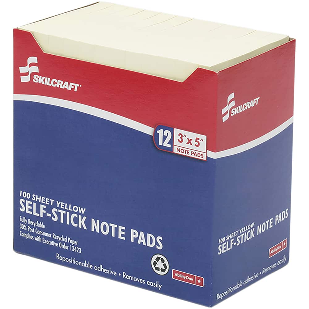 Ability One - Note Pads, Writing Pads & Notebooks; Writing Pads & Notebook Type: Self-Stick Notes ; Size: 3" x 5" ; Number of Sheets: 100 ; Color: Yellow ; Style of Rule: Unruled - Exact Tool & Supply