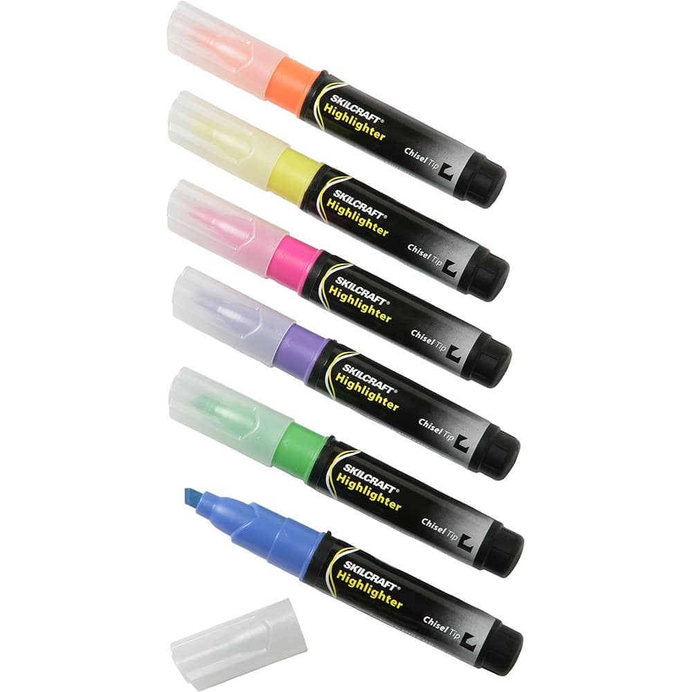 Ability One - Markers & Paintsticks; Type: Highlighter ; Color: Green; Yellow; Orange; Purple; Pink; Blue ; Ink Type: Water Base ; Tip Type: Chisel - Exact Tool & Supply