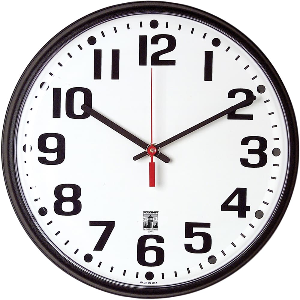 Ability One - Wall Clocks; Type: Wall Clock ; Display Type: Analog ; Power Source: (1) AA Battery ; Face Color: White ; Case Color: Black ; Face Diameter: 12-3/4 (Inch) - Exact Tool & Supply
