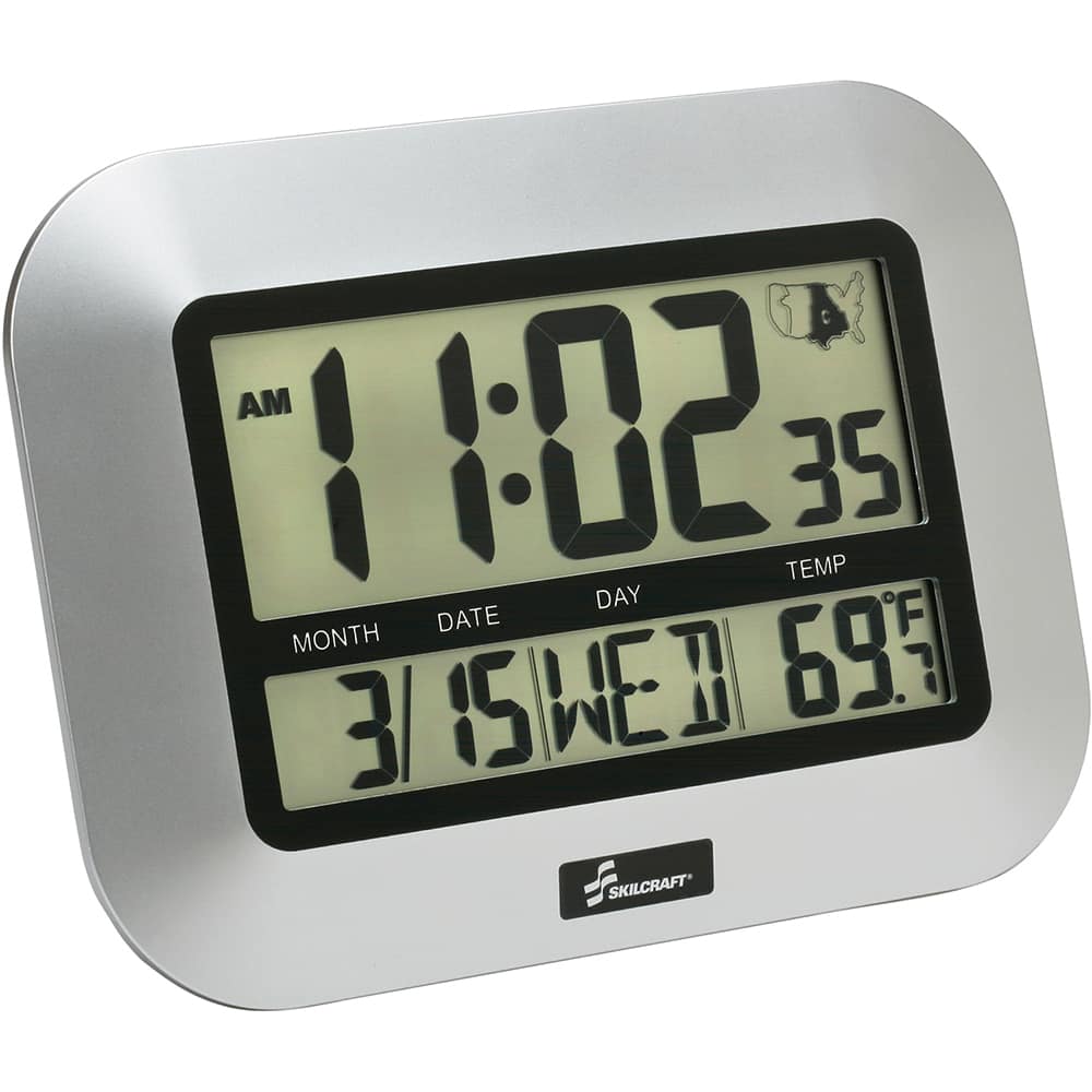 Ability One - Wall Clocks; Type: Radio Clock ; Display Type: LCD Digital ; Power Source: AAA Batteries ; Face Color: Gray ; Width (Inch): 7-1/4 ; Height (Inch): 9-3/4 - Exact Tool & Supply