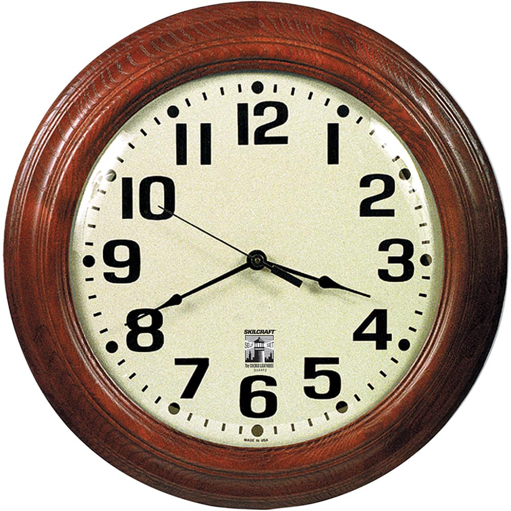 Ability One - Wall Clocks; Type: Wall Clock ; Display Type: Analog ; Power Source: Battery ; Face Color: White ; Case Color: Brown ; Face Diameter: 16 (Inch) - Exact Tool & Supply