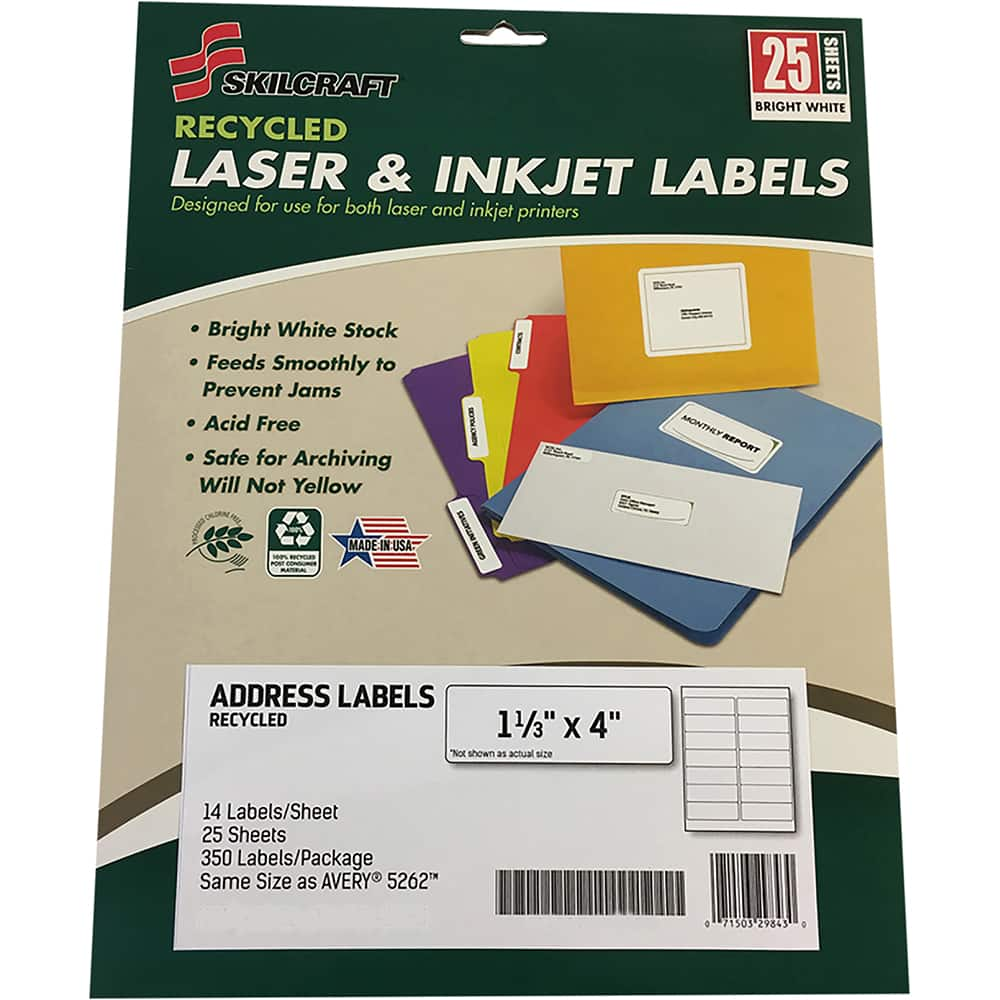 Ability One - Labels, Ribbons & Tapes; Type: Address Labels ; Color: White ; For Use With: Laser & Inkjet Printers ; Width (Decimal Inch): 1.33 ; Length (Inch): 4 ; Number of Labels: 350 - Exact Tool & Supply