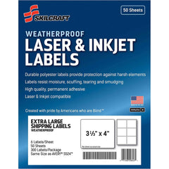 Ability One - Labels, Ribbons & Tapes; Type: Mailing Labels ; Color: White ; For Use With: Laser & Inkjet Printers ; Width (Decimal Inch): 3.33 ; Length (Inch): 4 ; Number of Labels: 500 - Exact Tool & Supply