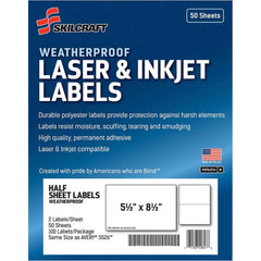 Ability One - Labels, Ribbons & Tapes; Type: Mailing Labels ; Color: White ; For Use With: Laser & Inkjet Printers ; Width (Inch): 5-1/2 ; Length (Inch): 8-1/2 ; Number of Labels: 100 - Exact Tool & Supply