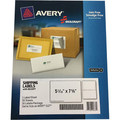 Ability One - Labels, Ribbons & Tapes; Type: Shipping Label w/Paper Receipt ; Color: White ; For Use With: Laser Printers ; Width (Inch): 5-1/16 ; Length (Inch): 7-5/8 ; Number of Labels: 50 - Exact Tool & Supply
