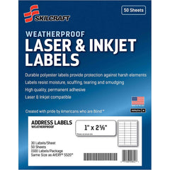 Ability One - Labels, Ribbons & Tapes; Type: Mailing Labels ; Color: White ; For Use With: Laser & Inkjet Printers ; Width (Inch): 1 ; Length (Inch): 2-5/8 ; Number of Labels: 500 - Exact Tool & Supply