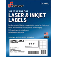 Ability One - Labels, Ribbons & Tapes; Type: Mailing Labels ; Color: White ; For Use With: Laser & Inkjet Printers ; Width (Inch): 2 ; Length (Inch): 4 ; Number of Labels: 500 - Exact Tool & Supply